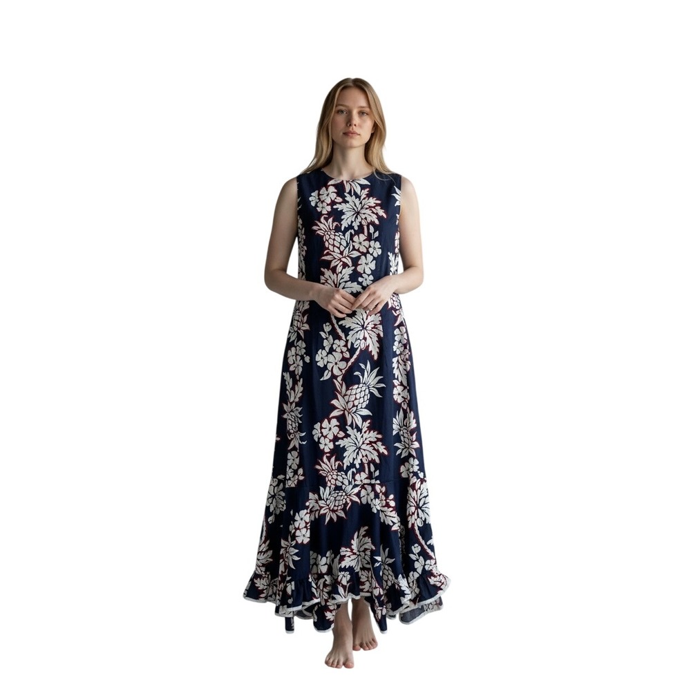 Hilo Hattie Pineapple Floral Maxi Dress Navy Blue White Red Made in Hawaii 8